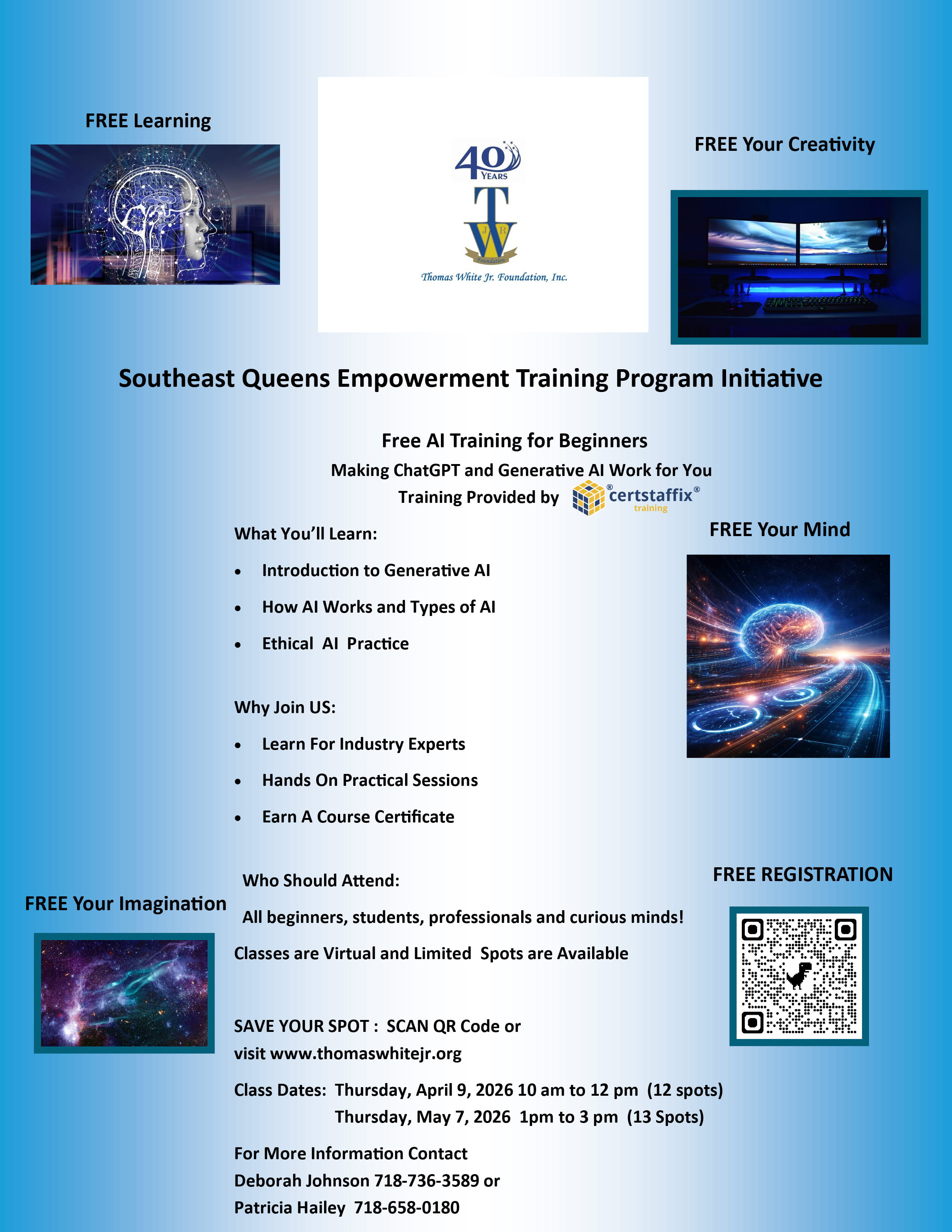 Flyer for a free AI training program by Thomas White Jr. Foundation.